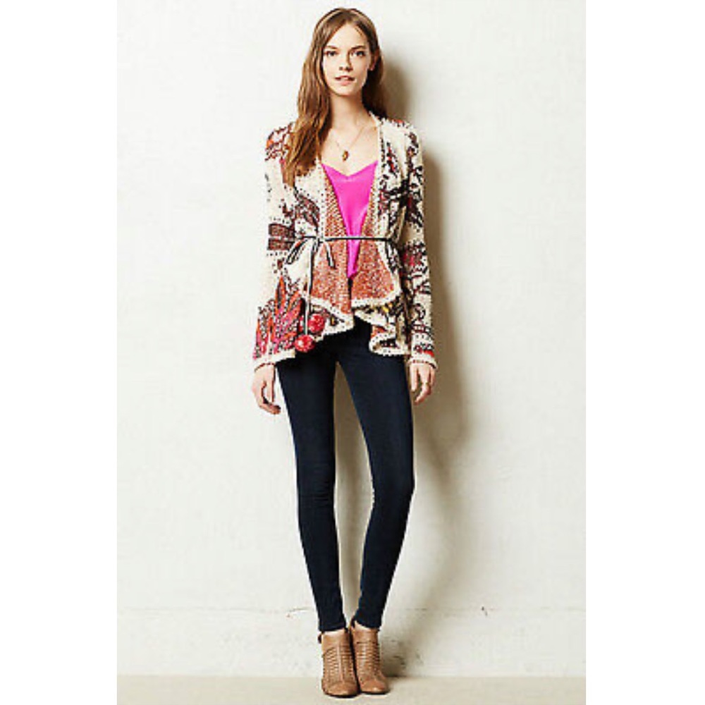 Anthropologie Moth Boho Cardigan with Pompom Tie Waist